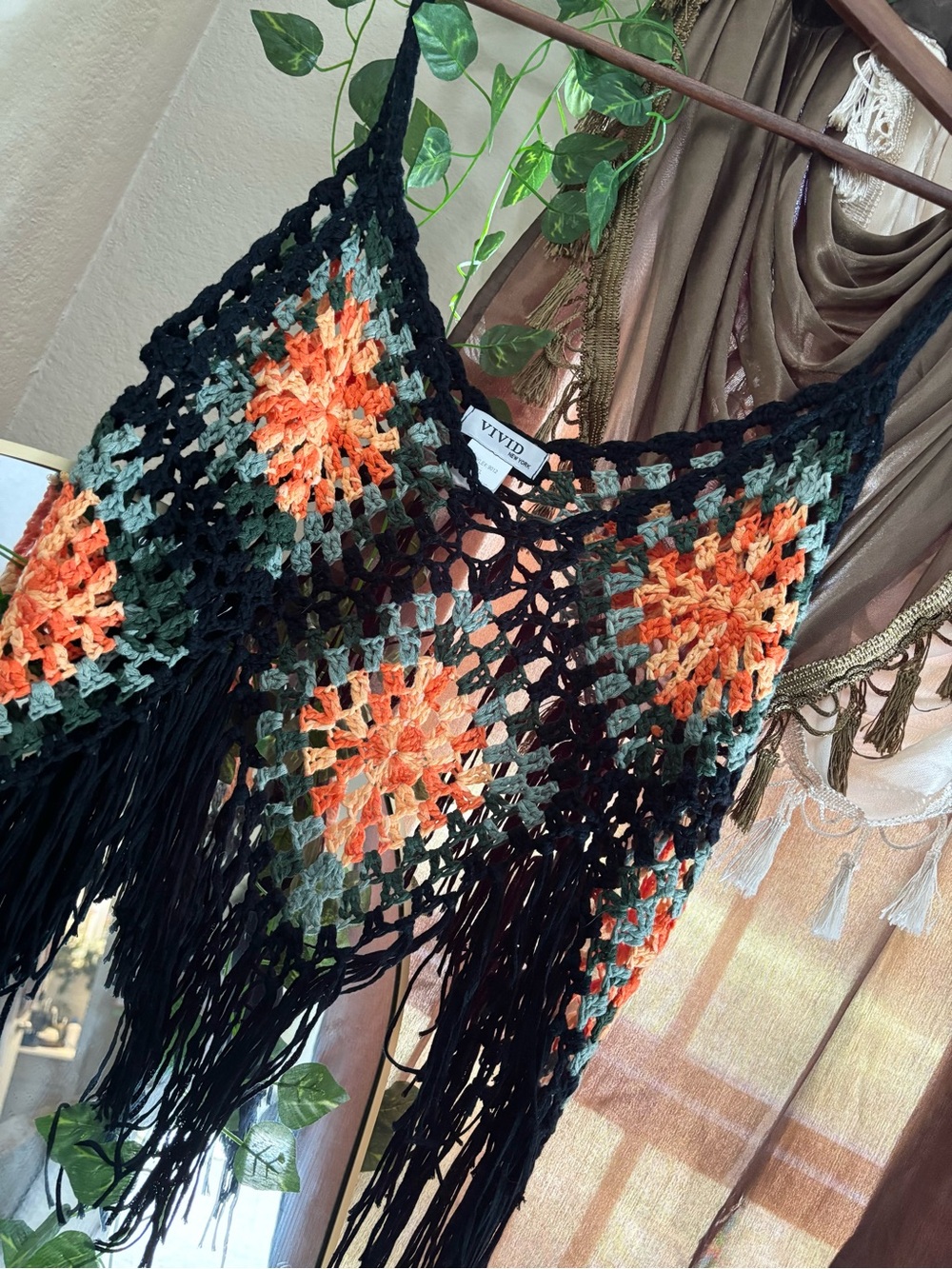 VIVID Crochet Fringe Crop Top in Black & Orange